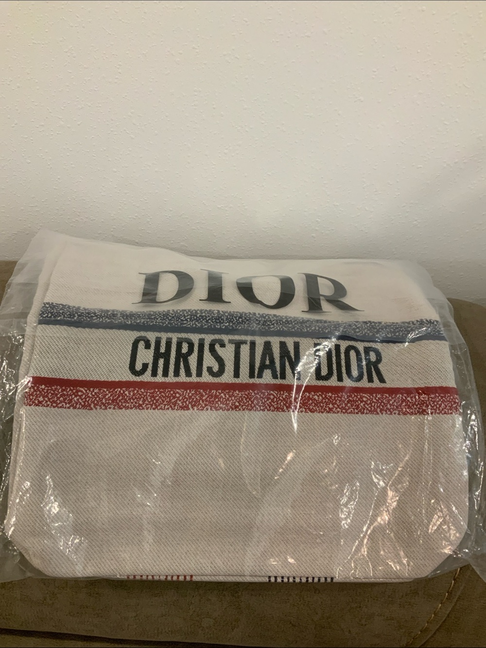 Dior Canvas Tote with Blue and Red Stripes